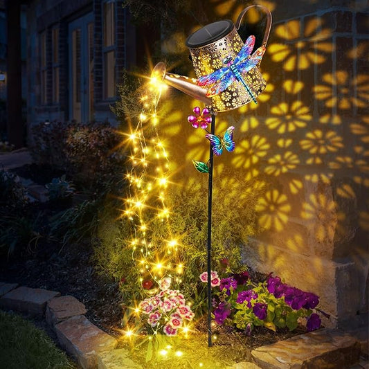 Solar watering can garden stake light with colorful dragonflies, glowing warm yellow string
