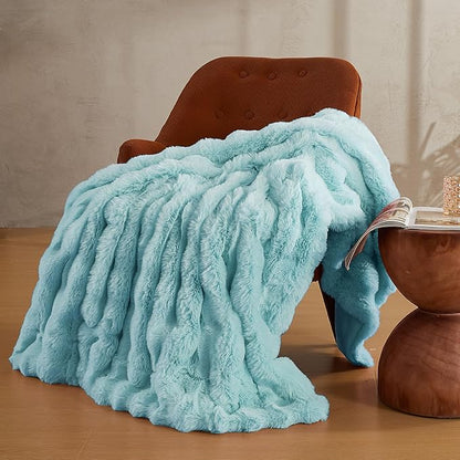 Blue Faux Fur Queen Blanket – 90"x90" | 750GSM Wavy Bubble Texture | Bold Sophisticated Plush Throw for Bed, Sofa & Chaise Lounge