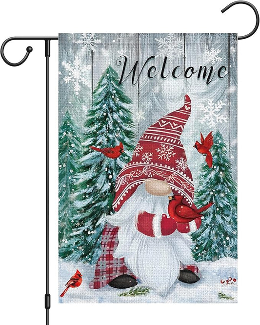 Winter gnome garden flag with Welcome script, red bird, trees, and snowflakes on burlap