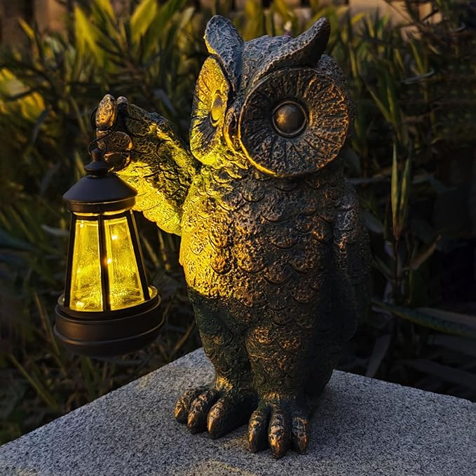 Solar Owl Garden Statue Holding Lantern - Realistic Resin Evening Gathering and Pathway Decor