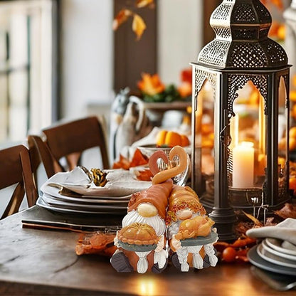 Fall Gnome Decor, Resin Thanksgiving Gnomes for Fall Decoration Indoor Home, Small Autumn Gnome Figurines with Pumpkin Pie and Turkey for Autumn Harvest