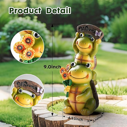 Solar Turtle Garden Statue with Frog Face and 3 LED Lights - Resin Waterproof Outdoor Decor