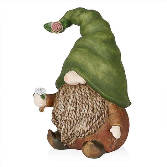 Green-hat outdoor gnome figure holding a pink flower, woven sack body and brown boots