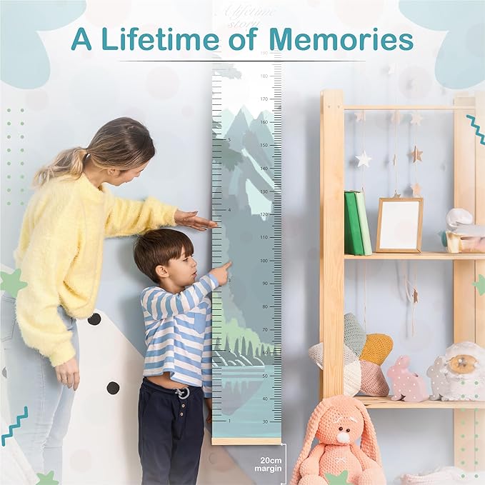 Height growth chart with ruler markings and photo memory windows for a lifetime of memories.