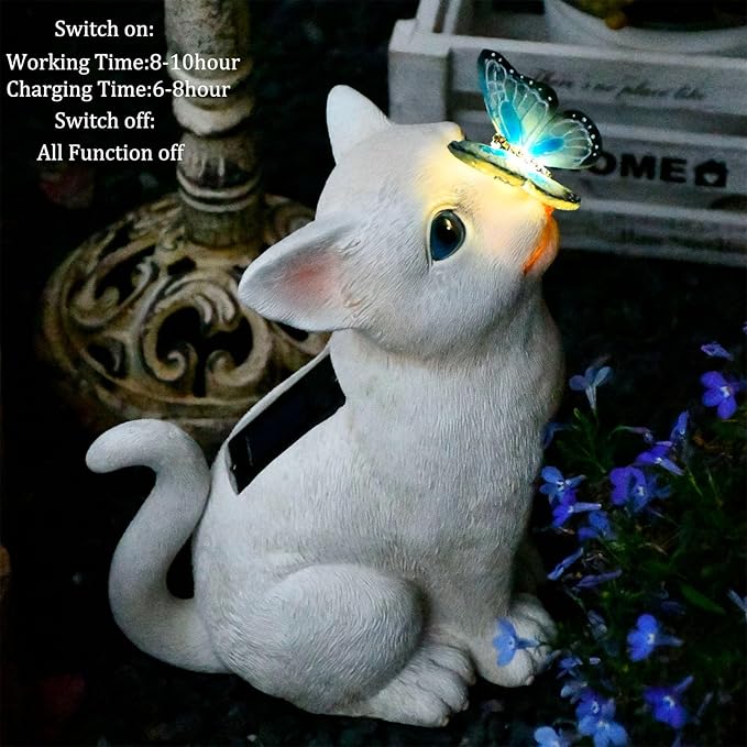 Cat Solar Garden Statue with LED Lights - Outdoor Resin Decor
