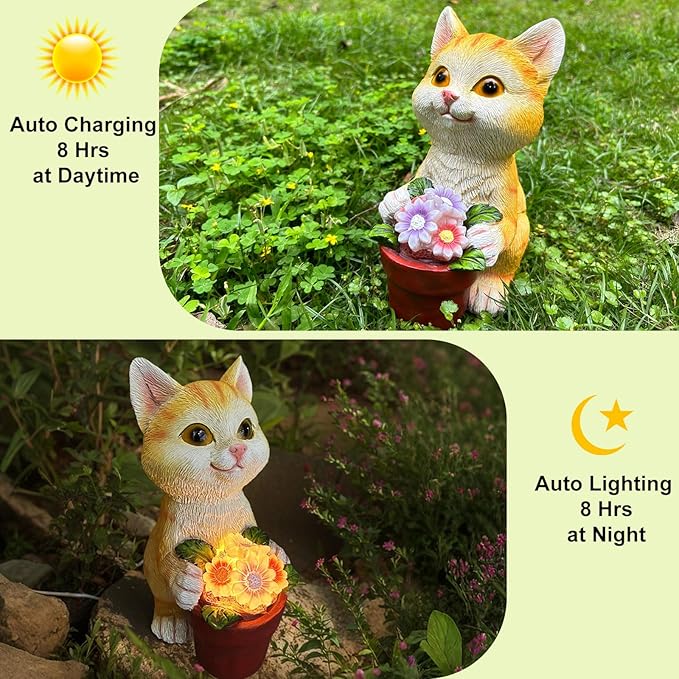 Solar Cat Garden Statue with Flower Pot - IP44 Resin Outdoor Decor
