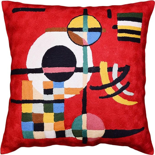 Red abstract embroidered wool throw pillow cover with geometric figure in multicolor