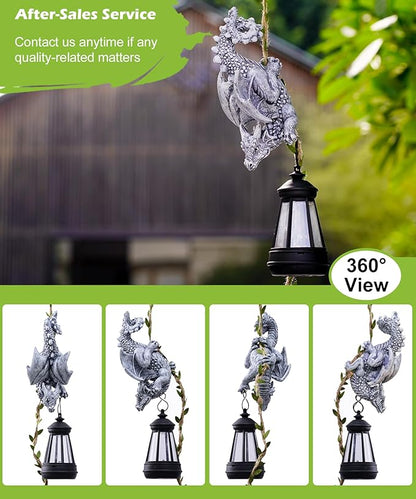 Hanging stone-gray dragon ornament with black lantern, shown from multiple angles
