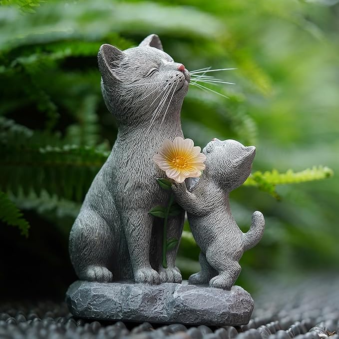 Mother and Kitten Solar Cat Garden Statue - Resin Cat Figurine with Flower LED Light for Garden, Pathway, Patio, Balcony, and Home