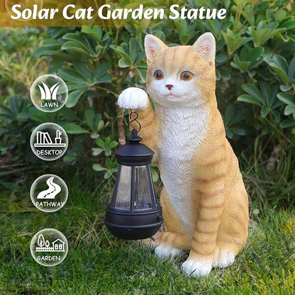 Cat Solar Garden Statue with Lantern - Waterproof Resin Outdoor Decor