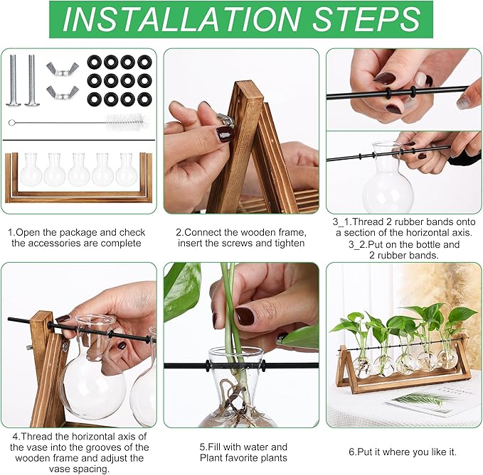 Installation steps diagram for wooden propagation stand with five clear glass bulb vases