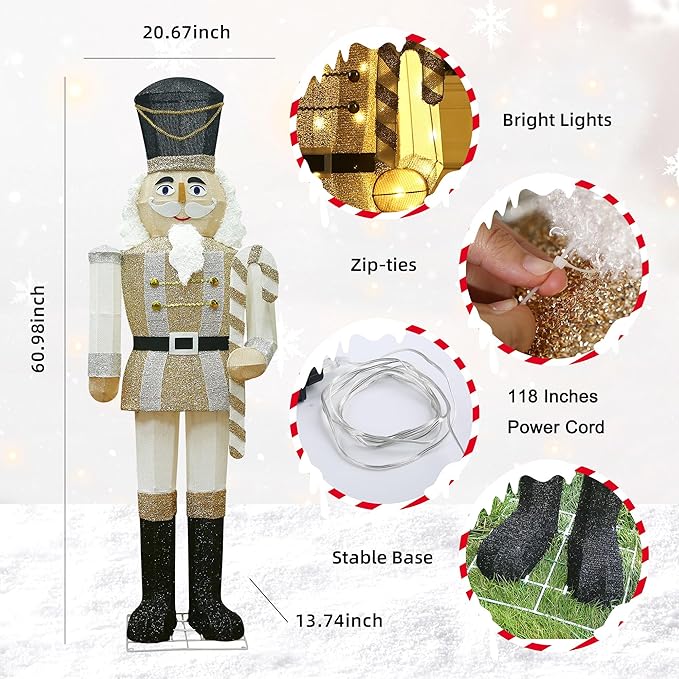Lighted nutcracker decoration with cord and stable base details, shown full-body