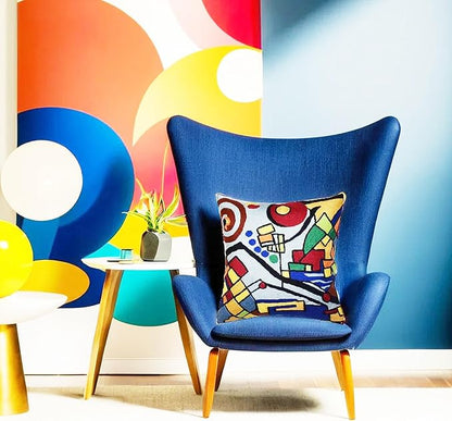 Embroidered abstract geometric pillow cover with multicolor pattern on light fabric