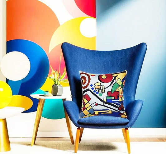 Embroidered abstract geometric pillow cover with multicolor pattern on light fabric