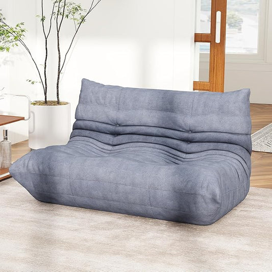Grey Ripple Loveseat Floor Sofa - Togo-Style Foam Lounge Sofa with Wave Profile for Living Room, Reading Corner, and Modern Interiors