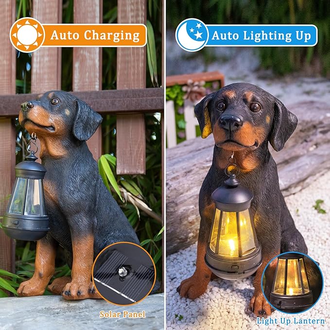Solar Rottweiler Garden Statue with LED Light - 13-Inch Resin Dog Outdoor Decor