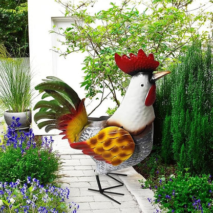 Metal Rooster Garden Statue - Weather-Resistant Iron Farmhouse Outdoor Sculpture and Yard Art