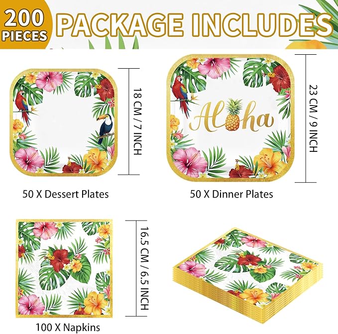 Aloha tropical paper party set: 50 dessert plates, 50 dinner plates, 100 napkins