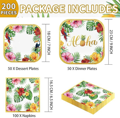 Aloha tropical paper party set: 50 dessert plates, 50 dinner plates, 100 napkins