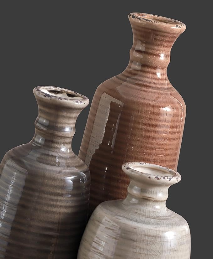 Set of 3 fluted ceramic vases in terracotta brown and stone-gray, different heights