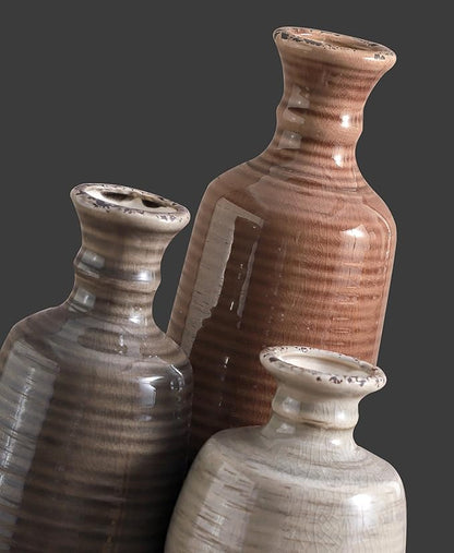 Set of 3 fluted ceramic vases in terracotta brown and stone-gray, different heights
