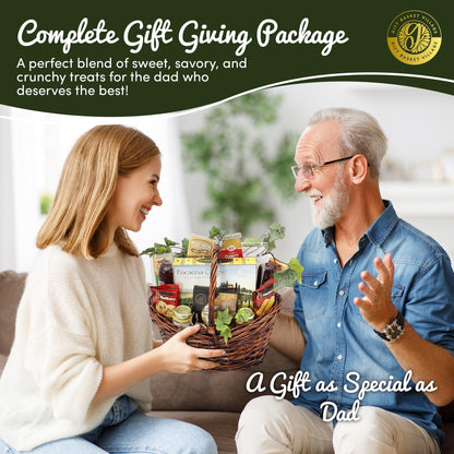 Wicker snack gift basket held by a couple with assorted packaged treats