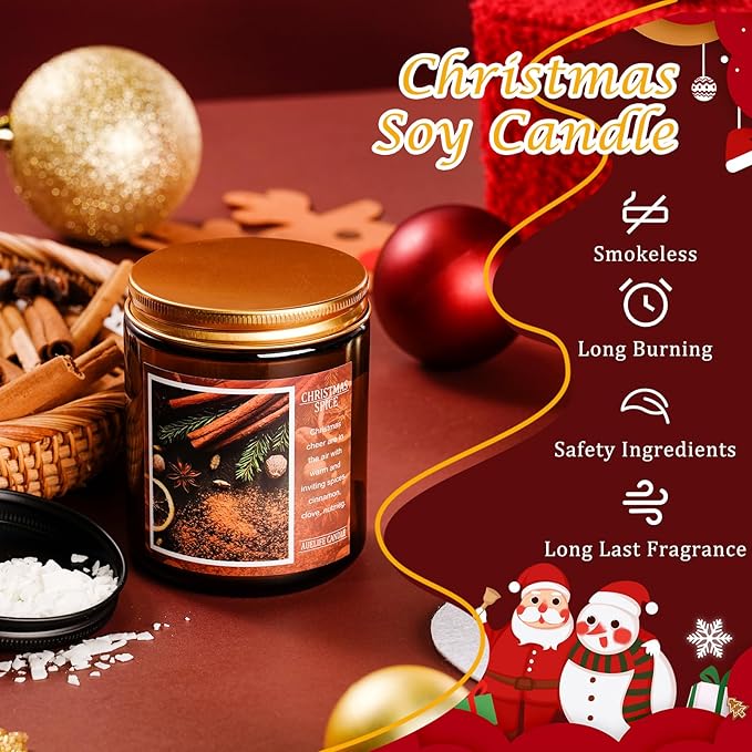 Gold-lidded Christmas soy candle jar with pine and spice label, with on-image benefit icons