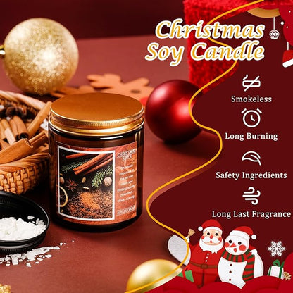 Gold-lidded Christmas soy candle jar with pine and spice label, with on-image benefit icons