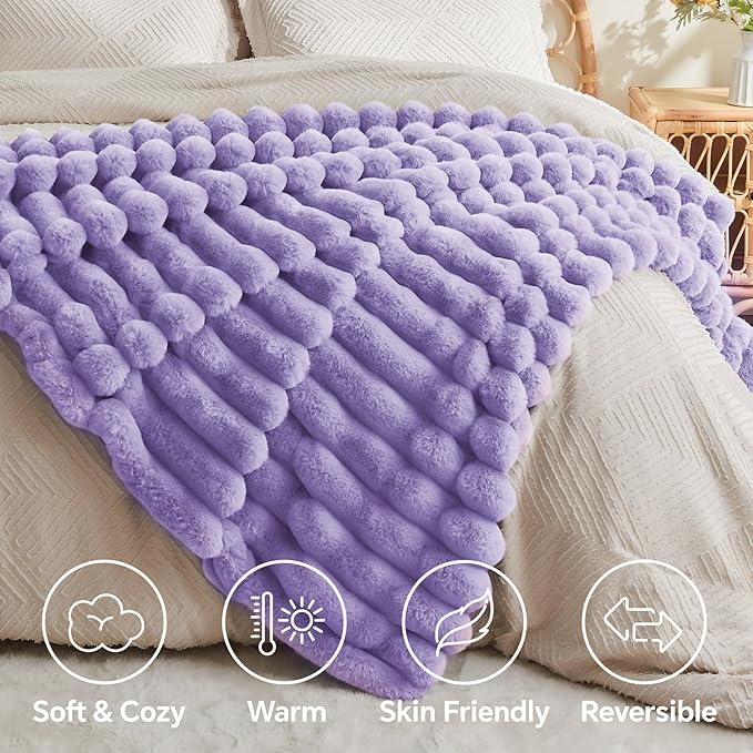 Lavender Faux Rabbit Fur Throw Blanket – 60"x80" | 770GSM Double-Sided Luxury Fluffy Blanket | 3D Striped Plush Throw for Two