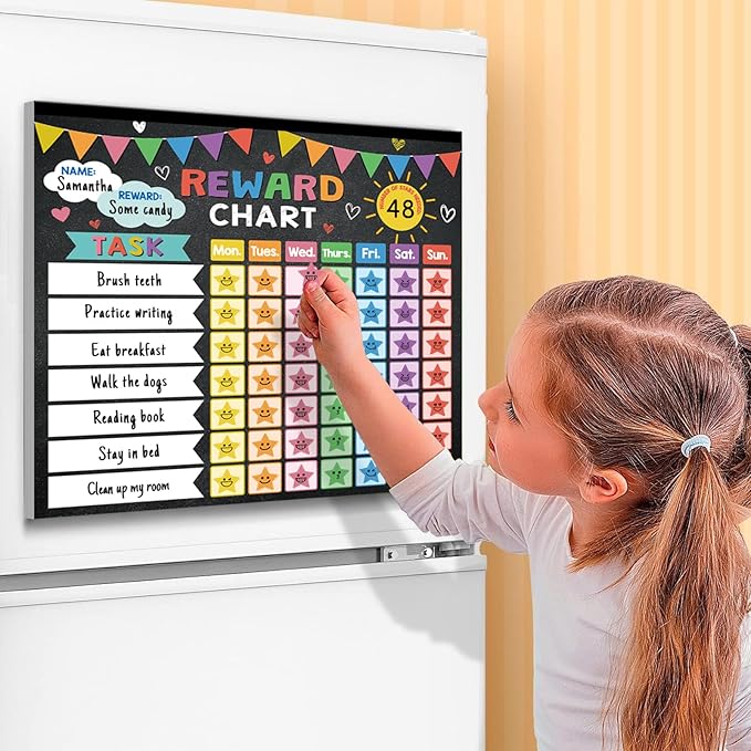 Kids reward chore chart on magnetic board with multicolor weekly task squares