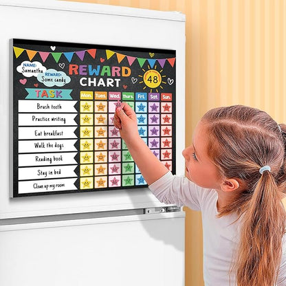 Kids reward chore chart on magnetic board with multicolor weekly task squares