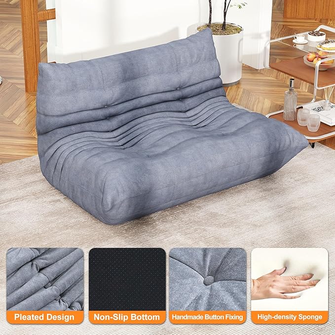 Grey Ripple Loveseat Floor Sofa - Togo-Style Foam Lounge Sofa with Wave Profile for Living Room, Reading Corner, and Modern Interiors