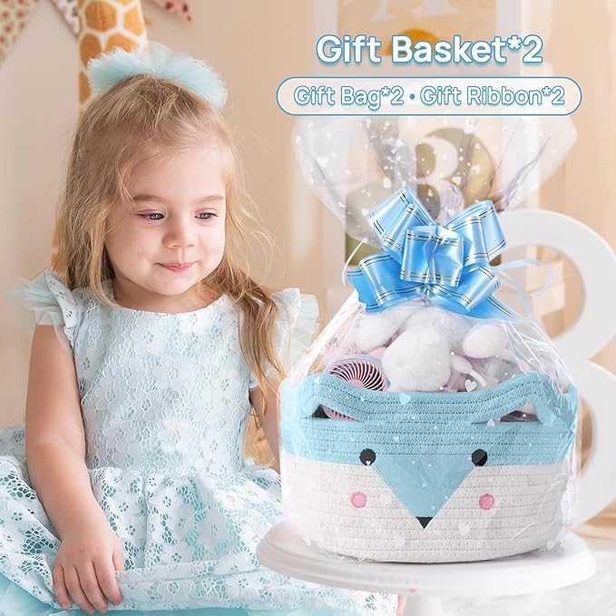 Woven baby gift storage basket with blue-and-white animal face design, stuffed with plush toys.