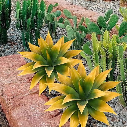 Yellow-green faux agave plants with spiky leaves and faux trunk stems, set of two