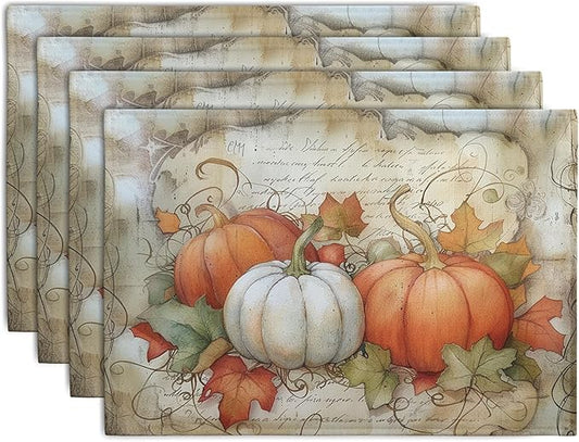 Set of 4 fall placemats with vintage pumpkin and leaf print, rectangular linen design