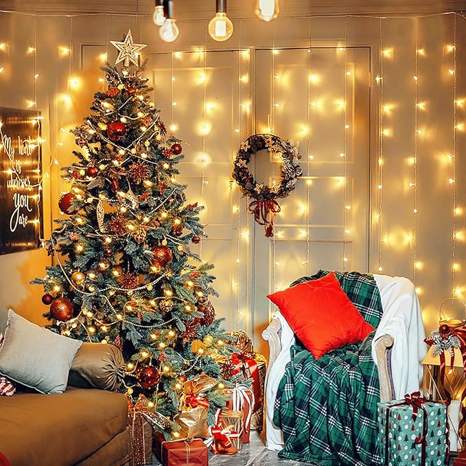 Warm White Curtain Lights – 300 LED 9.8x9.8ft | Remote Control Dimmable | UL Listed IP44 | Bedroom Backdrop Wedding Christmas Patio Dorm Indoor Outdoor