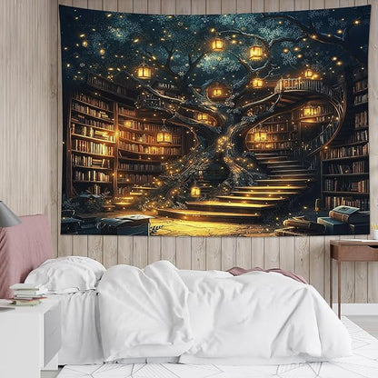 Fantasy Library Bookshelf Tapestry – 70.9"x92.5" Extra Large | HD Print Fairytale Magic Bookshelf | Retro Vintage Feature Wall Hanging for Bedroom Living Room & Classroom
