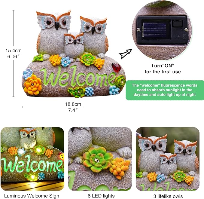 Solar Owl Garden Statue with Welcome Sign and Luminous Paint - Resin Outdoor Decor Gift