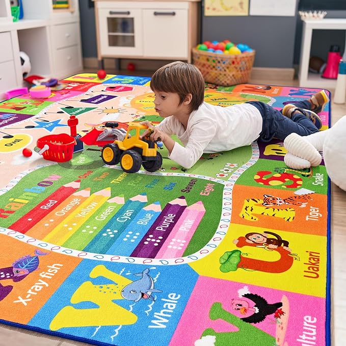 Kids learning rug with rainbow color bands, animal names, and large lettered paths