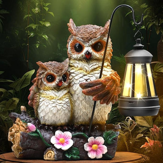 Owl Family Solar Garden Statue with LED Lantern - IP65 Resin Decor