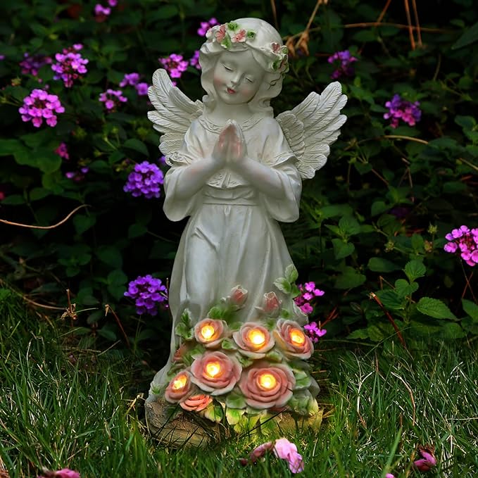 Solar Praying Angel Garden Statue with Garland and Glowing Flowers - Waterproof Resin Outdoor Decor