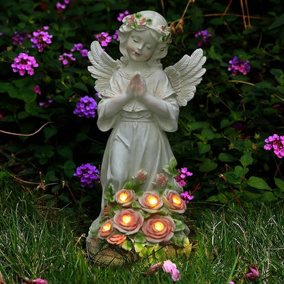 Solar Praying Angel Garden Statue with Garland and Glowing Flowers - Waterproof Resin Outdoor Decor
