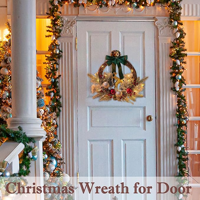 Lighted Christmas door wreath with teal bow, gold reindeer, red ornaments, and pine accents