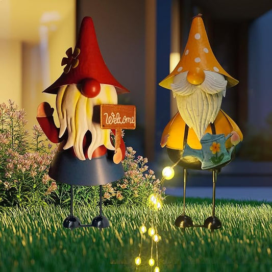 Outdoor metal garden gnomes with solar string lights, red and yellow welcome signs