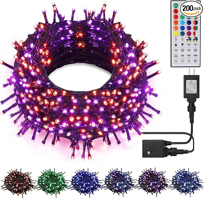 66ft Christmas mini string lights with purple wire, RGB bulbs, 200-LED wreath-style loop