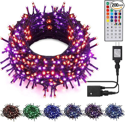 66ft Christmas mini string lights with purple wire, RGB bulbs, 200-LED wreath-style loop