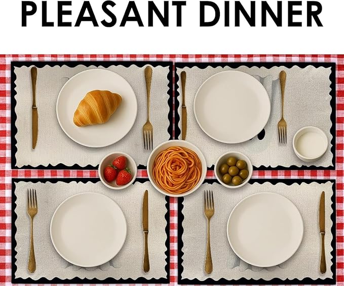 Set of 4 ghost placemats with scalloped black trim, off-white, on dining table