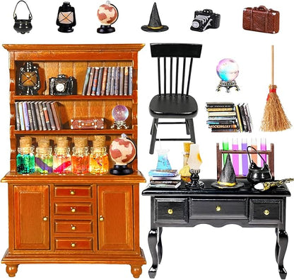 1:12 scale witchy dollhouse miniature furniture set with wooden bookcase and black potion table