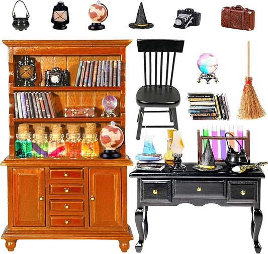 1:12 scale witchy dollhouse miniature furniture set with wooden bookcase and black potion table