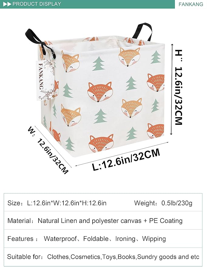 Woodland Fox Square Canvas Storage Basket - Foldable Waterproof Fox and Pine Tree Nursery Bin for Woodland Nursery and Woodland Gift Hampers